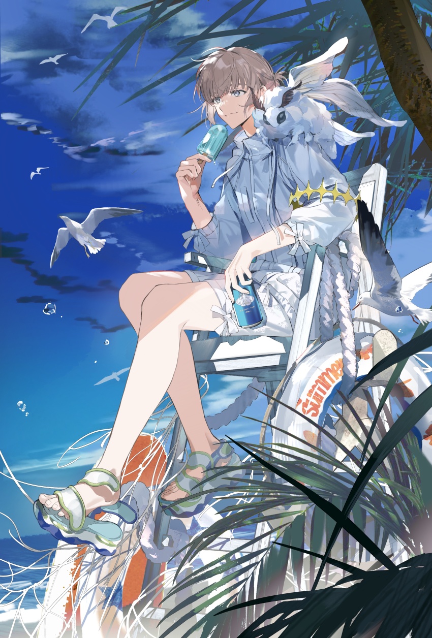 1boy absurdres ameinu beach bird blanca_(fate) blue_eyes blue_sky bubble bug can chinese_commentary closed_mouth cloud commentary_request day drawstring drink_can dripping elbow_rest fate/grand_order fate_(series) fern food full_body grey_hair hair_bun highres holding holding_can holding_food holding_popsicle innertube insect insect_on_shoulder jacket lifeguard_chair long_sleeves looking_ahead male_focus moth net oberon_(fate) oberon_(refreshing_summer_prince)_(fate) ocean official_alternate_costume outdoors oversized_insect palm_tree popsicle rope sandals seagull short_hair shorts sitting sky smile soda_can solo sports_sandals swim_ring swinging_legs tree water white_footwear white_jacket white_shorts