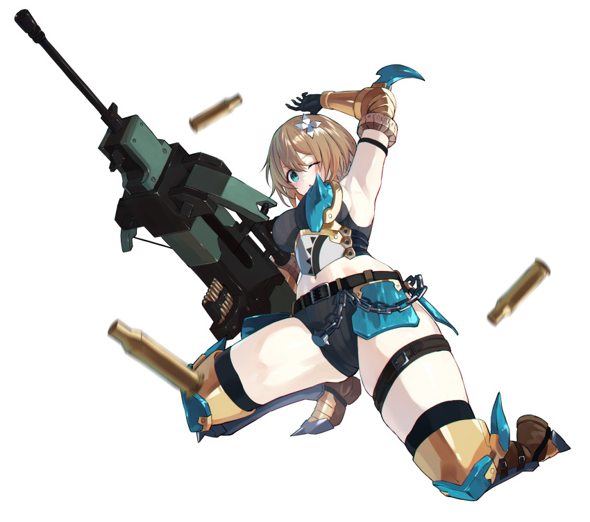 1girl absurdres anti-materiel_cartridge aogiri_koukou arm_cannon arm_strap arm_up armor armpits autocannon belt black_belt black_gloves blue_eyes blurry blurry_foreground boots bracer breasts brown_belt brown_footwear brown_hair bullet cannon cannon_cartridge chain flower gloves grey_shorts gun hair_flower hair_ornament highres holding holding_gun holding_weapon kkix25 kurikoma_komaru leg_armor machine_gun medium_breasts midriff navel one_eye_closed shell_casing short_hair shorts solo thigh_belt thigh_strap virtual_youtuber weapon white_flower