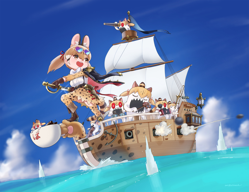 animal_ears beleven blue_sky boots bow bow_(music) bowtie brown_eyes brown_hair cat_ears cat_girl cat_tail cup extra_ears eyepatch gloves highres instrument jacket kemono_friends kemono_friends_v_project large-spotted_genet_(kemono_friends) long_hair ocean pirate ribbon ship shirt skirt sky sunglasses sword tail teacup thighhighs twintails violin virtual_youtuber watercraft weapon