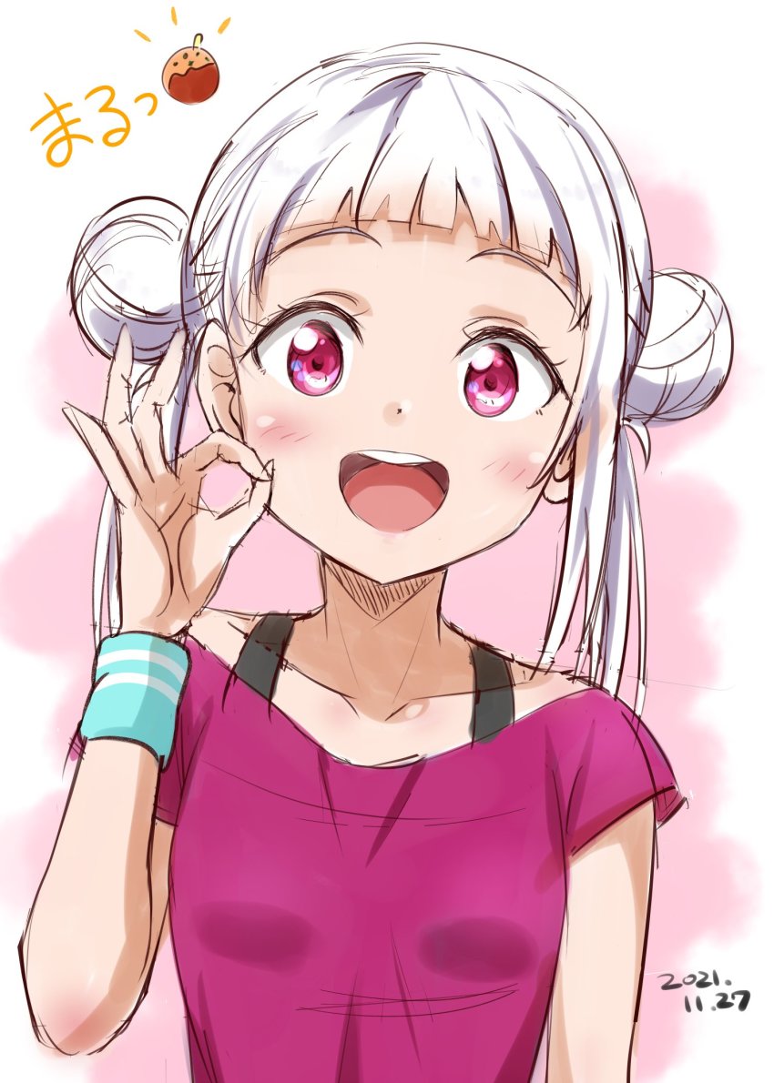 1girl arashi_chisato artist_name artist_request black_tank_top blush breasts check_translation ckst close-up collarbone commentary_request double_bun female_focus food hair_bun hair_tie highres long_hair looking_at_viewer love_live! love_live!_school_idol_festival love_live!_superstar!! ok_sign parted_lips red_eyes red_shirt shirt short_sleeves small_breasts smile solo takoyaki tank_top translated translation_request twintails undershirt upper_body wavy_hair white_background white_hair