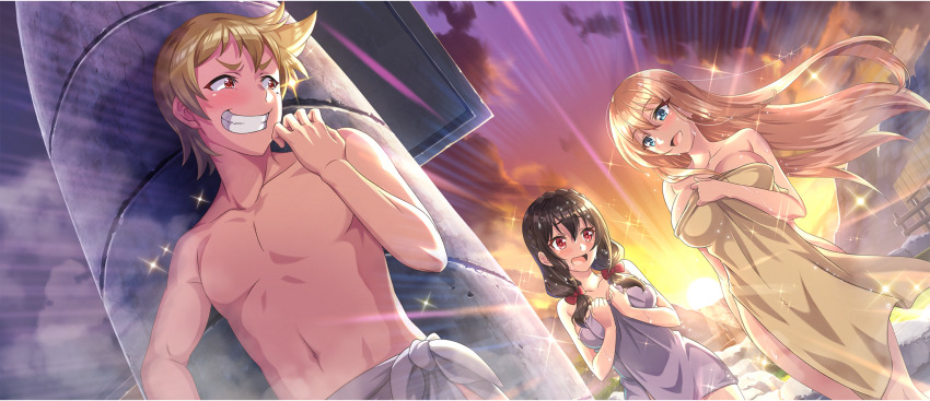 1boy 2girls armpit_crease blonde_hair blue_eyes bow braid breasts brown_hair collarbone covering_privates crown_braid darkness_(konosuba) dust_(konosuba) floating_hair from_below game_cg grin hair_between_eyes hair_bow hair_over_shoulder hand_up hiding highres holding holding_towel kono_subarashii_sekai_ni_shukufuku_wo! konosuba!_fantastic_days large_breasts light_blush long_hair low_twintails mole mole_under_eye multiple_girls naked_towel navel nude_cover official_alternate_costume official_art onsen open_mouth outdoors peeking_out pervert red_bow red_eyes short_hair sidelocks smile sparkle sun sunlight sunset talking topless_male towel twintails v-shaped_eyebrows very_long_hair walking wet yunyun_(konosuba)