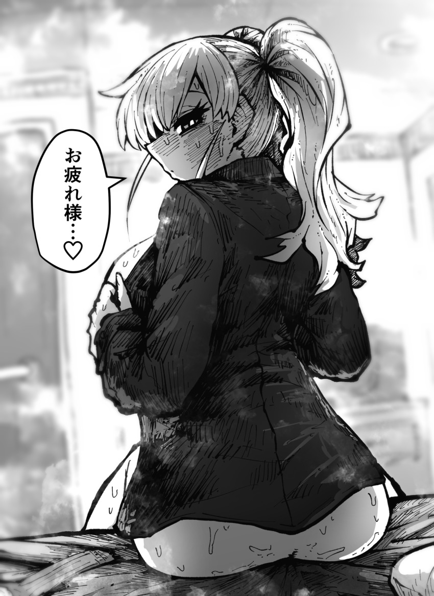 1girl ? ass blurry blurry_background blush breasts closed_mouth cowboy_shot from_behind from_side greyscale hair_between_eyes hair_ribbon highres holding indoors jewelry kanzaki_akane_(ss_kabushikigaisha) long_hair long_sleeves looking_at_viewer looking_back monochrome open_clothes ribbon shirt sidelocks sitting solo speech_bubble ss_kabushikigaisha sweat thighs twintails zyugoya