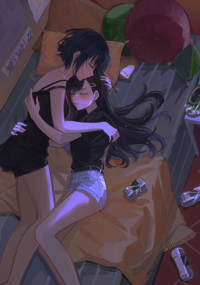 2girls bed beer_can belt bite_mark bite_mark_on_neck bite_mark_on_shoulder black_belt black_camisole black_hair black_shirt black_shorts blanket blue_shorts blush camisole can closed_eyes crushed_can drink_can fur-trimmed_shorts fur_trim hair_ornament hairclip hand_on_another&#039;s_head hashtag-only_commentary highres hug kiritani_haruka lace-trimmed_shorts lace_trim long_hair miya_hiroya_(vie) multiple_girls on_bed parted_lips pillow project_sekai shiraishi_an shirt short_hair shorts sleeping star_(symbol) star_hair_ornament table yuri