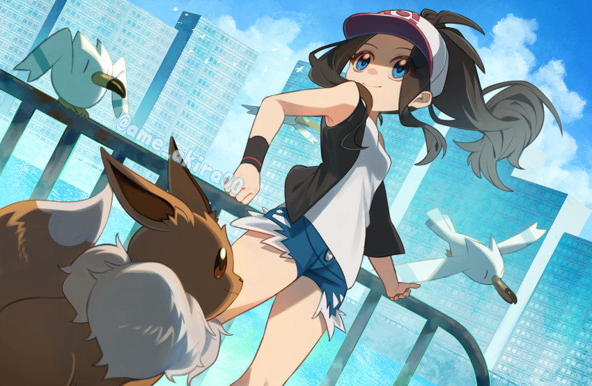 1girl absurdres ame_akira baseball_cap black_vest blue_eyes blue_shorts breasts brown_hair cityscape creatures_(company) eevee exposed_pocket game_freak gen_1_pokemon gen_3_pokemon hat highres hilda_(pokemon) nintendo open_clothes open_vest pokemon pokemon_(creature) pokemon_bw ponytail railing shirt short_shorts shorts small_breasts smile twitter_username vest white_shirt wingull