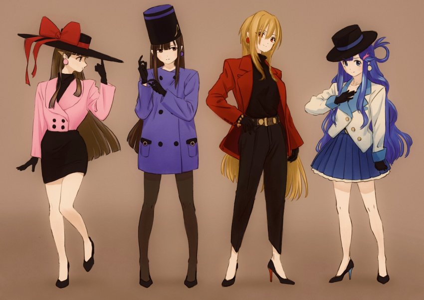 4girls adjusting_clothes adjusting_gloves alternate_costume blue_hair blue_skirt blunt_bangs brown_background character_request copyright_request deg_(deguana) earrings full_body gloves hair_between_eyes hand_on_own_hip hat heel_up high_heels highres jacket jewelry long_hair looking_at_viewer looking_to_the_side multiple_girls pants pantyhose simple_background skirt smile standing standing_on_one_leg tagme very_long_hair