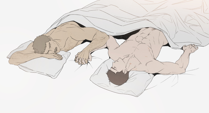 2boys abs age_difference arm_hair bara bed_sheet body_hair chest_hair facial_hair highres holding_hands male_focus mature_male multiple_boys muscular muscular_male mustache nipples pectorals pillow poyosoftware ryuji_satake short_hair sleeping thomas_j._prahmman yaoi yuuki_bakuhatsu_bang_bravern