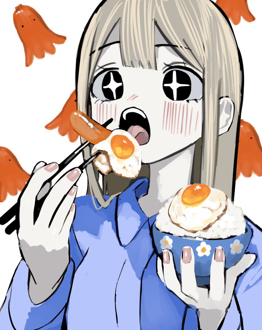 +_+ 1girl black_eyes blonde_hair blue_shirt blush bowl chopsticks collared_shirt donburi eating fingernails floral_print food food_art fried_egg highres holding holding_bowl holding_chopsticks long_hair long_sleeves looking_at_viewer open_mouth original rice shirt solo straight_hair tako-san_wiener teeth tongue upper_body upper_teeth_only urokogaran white_background