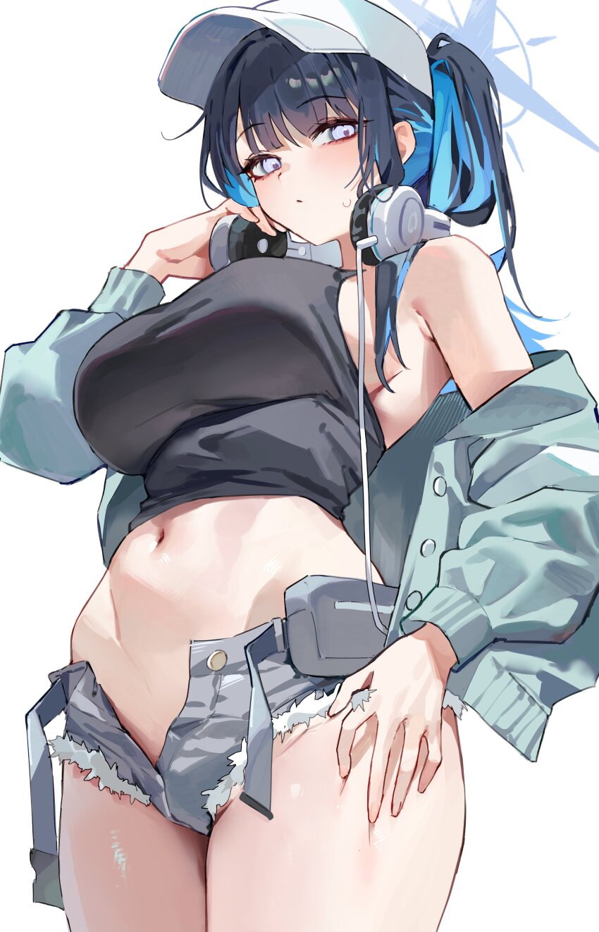 1girl absurdres aqua_jacket armpit_crease baseball_cap black_camisole blue_archive blue_eyes blue_hair blue_halo breasts camisole cowboy_shot from_below fungi542 grey_shorts halo hand_on_own_thigh hat headphones headphones_around_neck highres jacket large_breasts long_hair looking_at_viewer micro_shorts multicolored_hair navel off_shoulder official_alternate_costume open_clothes open_fly open_jacket ponytail saori_(blue_archive) saori_(swimsuit)_(blue_archive) shorts simple_background solo stomach two-tone_hair white_background white_hat