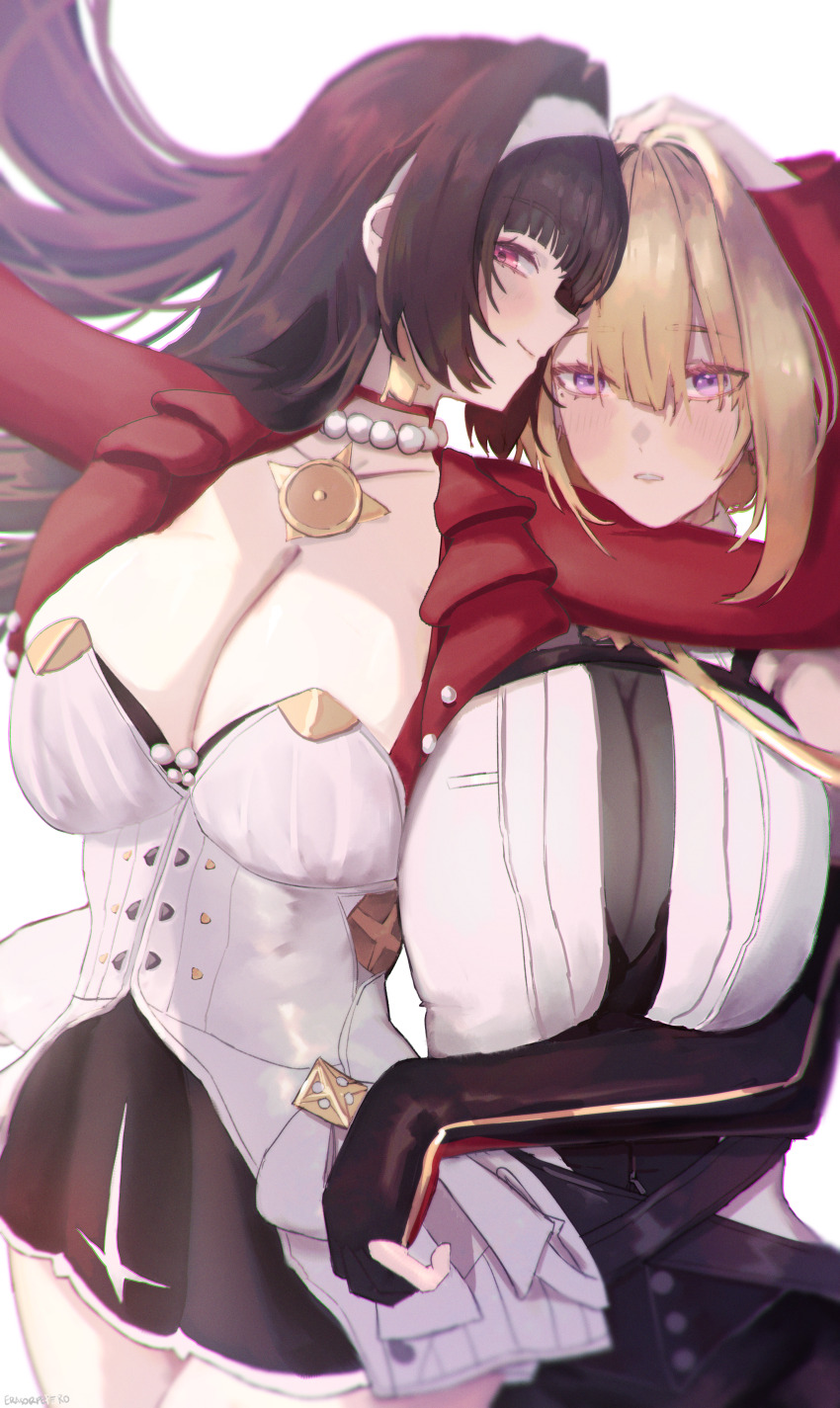 2girls absurdres arm_under_breasts astra_yao black_hair black_skirt blonde_hair breasts brooch closed_mouth cropped_jacket erasorpepero evelyn_chevalier hair_intakes hairband highres jacket jewelry large_breasts long_hair looking_at_viewer miniskirt multiple_girls necklace parted_lips pearl_necklace purple_eyes red_eyes red_jacket skirt upper_body white_hairband zenless_zone_zero