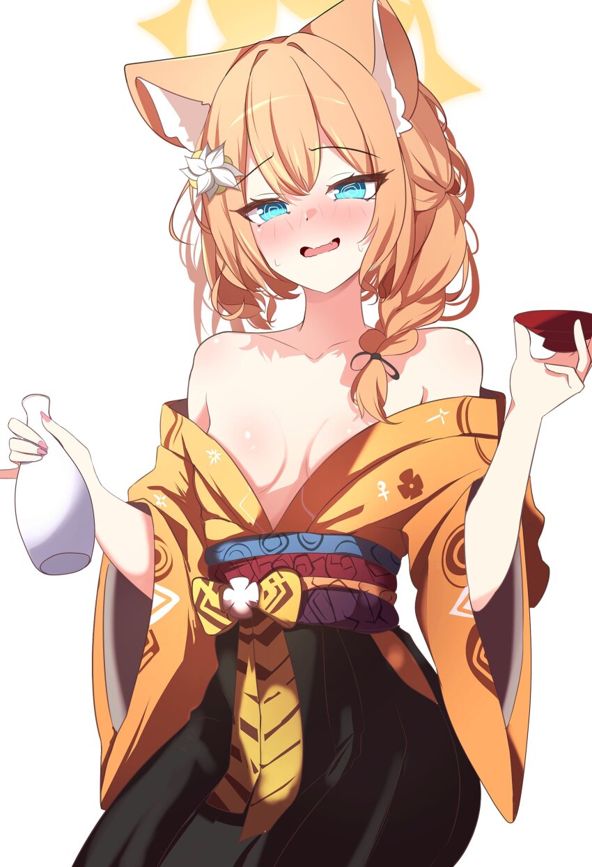 1girl :d @_@ absurdres alternate_costume animal_ear_fluff animal_ears austsue bare_shoulders black_hakama blue_archive blue_eyes bottle braid breasts cat_ears cat_girl collarbone commentary_request cup dual_wielding flower hair_between_eyes hair_flower hair_ornament hakama hakama_skirt halo halo_behind_head highres holding holding_bottle holding_cup japanese_clothes kimono loli long_hair long_sleeves looking_at_viewer mari_(blue_archive) medium_breasts obi open_mouth orange_hair orange_kimono print_kimono sakazuki sash sidelocks simple_background single_braid skirt smile solo tokkuri white_background wide_sleeves yellow_halo