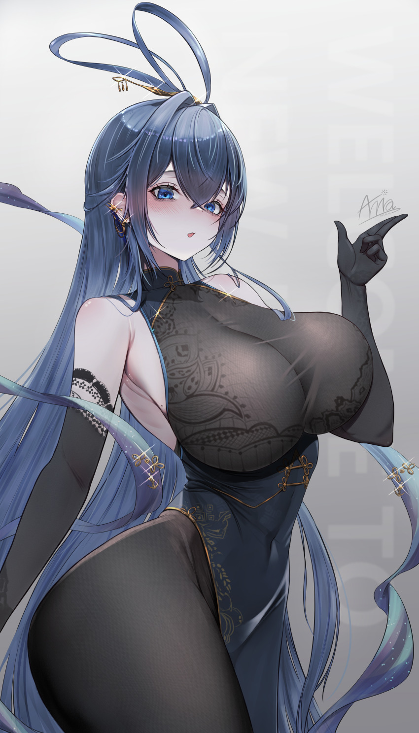 1girl absurdres annasui_factory artist_name azur_lane bare_shoulders black_gloves blue_eyes blue_hair bodystocking breasts china_dress chinese_clothes cleavage commentary covered_navel cowboy_shot crossed_bangs dress earrings elbow_gloves english_commentary from_side gloves hair_intakes hair_rings highres huge_breasts jewelry lace lace-trimmed_gloves lace_trim long_hair looking_at_viewer looking_to_the_side new_jersey_(azur_lane) new_jersey_(dancing_in_the_moonlight)_(azur_lane) official_alternate_costume open_mouth pelvic_curtain see-through_cleavage see-through_clothes sleeveless sleeveless_dress solo taut_clothes very_long_hair