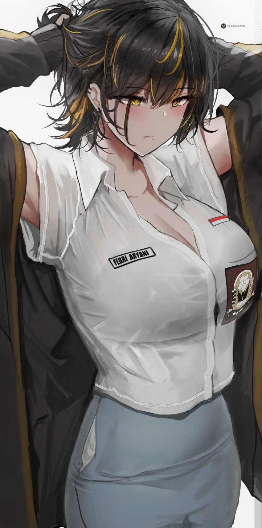 1girl absurdres artist_name black_hair black_jacket bra_visible_through_clothes breasts cleavage collarbone collared_shirt cowboy_shot earclip earrings febri_aryani_(vloodozer) grey_skirt high-waist_skirt highres indonesian_flag indonesian_high_school_uniform jacket jewelry large_breasts long_sleeves mole mole_under_mouth multicolored_hair name_tag off_shoulder original school_uniform see-through_clothes see-through_shirt shirt short_hair short_sleeves skirt solo streaked_hair tying_hair vloodozer white_background white_shirt wrinkled_fabric yellow_eyes