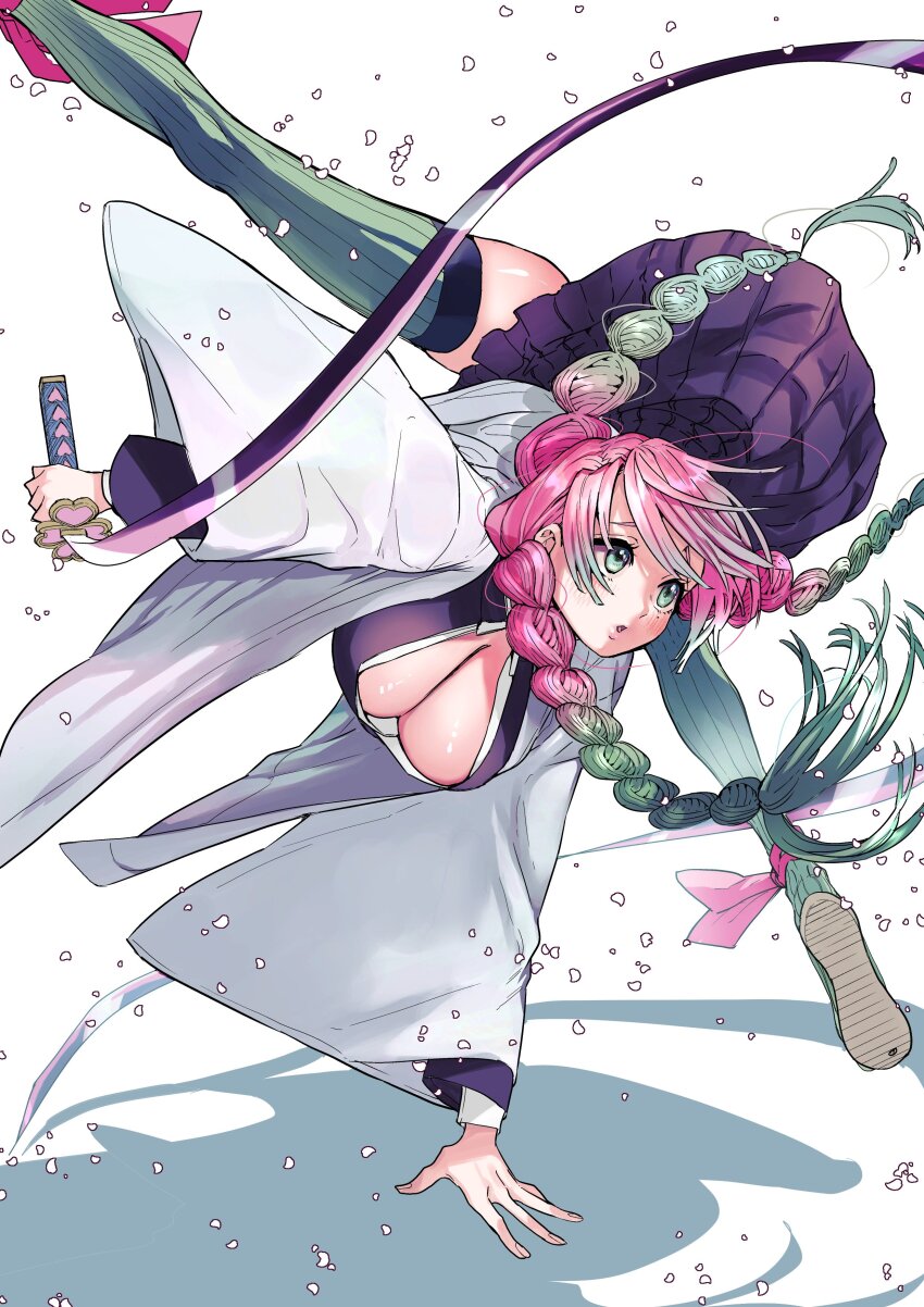 1girl absurdres braid breasts cleavage demon_slayer_uniform gradient_hair green_eyes green_hair green_thighhighs highres japanese_clothes kanroji_mitsuri kimetsu_no_yaiba large_breasts long_hair long_sleeves multicolored_hair multiple_braids nozawa_yukiko open_mouth pink_hair ribbed_thighhighs skirt solo thighhighs tri_braids weapon whip_sword