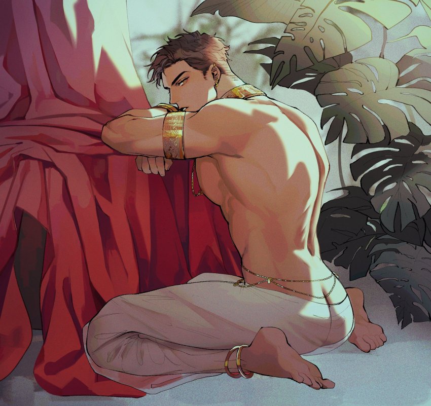 1boy anklet armlet ass bara barefoot chengzhineixihuanxiaogou feet highres jewelry kneeling large_pectorals leaf male_focus mature_male muscular muscular_male necklace original pants pectorals see-through_clothes soles solo toes topless_male