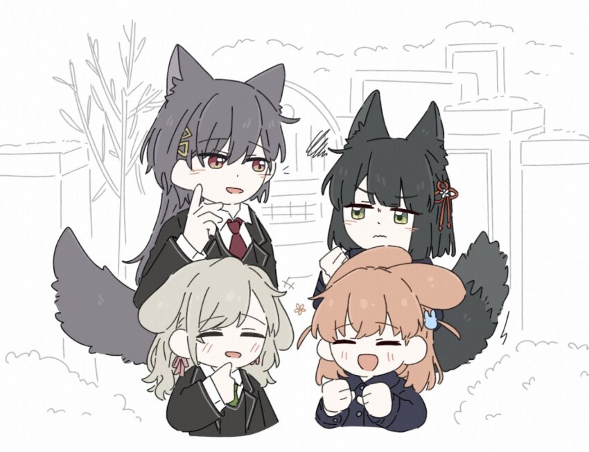 4girls :d animal_ear_fluff animal_ears bare_tree black_coat black_hair black_jacket black_sweater_vest blazer blunt_bangs blunt_ends bush clenched_hand clenched_hands closed_eyes closed_mouth coat collared_coat collared_shirt commentary crossed_bangs dress_shirt flower flower_symbol flower_knot fox_ears fox_girl fox_tail frown green_eyes green_necktie grey_hair hair_flower hair_ornament hair_ribbon hand_up hinoshita_kaho in-universe_location jacket jitome katsuragi_izumi kemonomimi_mode link!_like!_love_live! long_hair long_sleeves looking_at_another lop_rabbit_ears love_live! medium_hair mizukawa_school_uniform momose_ginko multiple_girls necktie open_mouth orange_eyes orange_hair outdoors pink_ribbon rabbit_ears rabbit_hair_ornament red_necktie ribbon school_gateway school_uniform ceras_yanagida_lilienfeld shirt short_hair sketch_background smile sweater_vest swept_bangs symbol-only_commentary tail tree triangle_hair_ornament two_side_up virtual_youtuber white_shirt wolf_cut wolf_ears wolf_girl wolf_tail zueka27