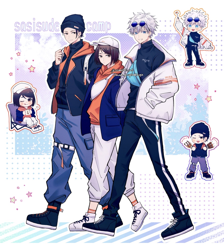 1girl 2boys :q absurdres black_footwear black_hat black_jacket black_pants blue_jacket brown_eyes brown_hair chibi closed_mouth food getou_suguru gojou_satoru grey_pants hat highres hood hoodie ieiri_shoko jacket jujutsu_kaisen long_sleeves multiple_boys oomisou pants red_hoodie shoes short_hair smile sneakers tongue tongue_out track_jacket white_footwear white_hat white_jacket white_pants