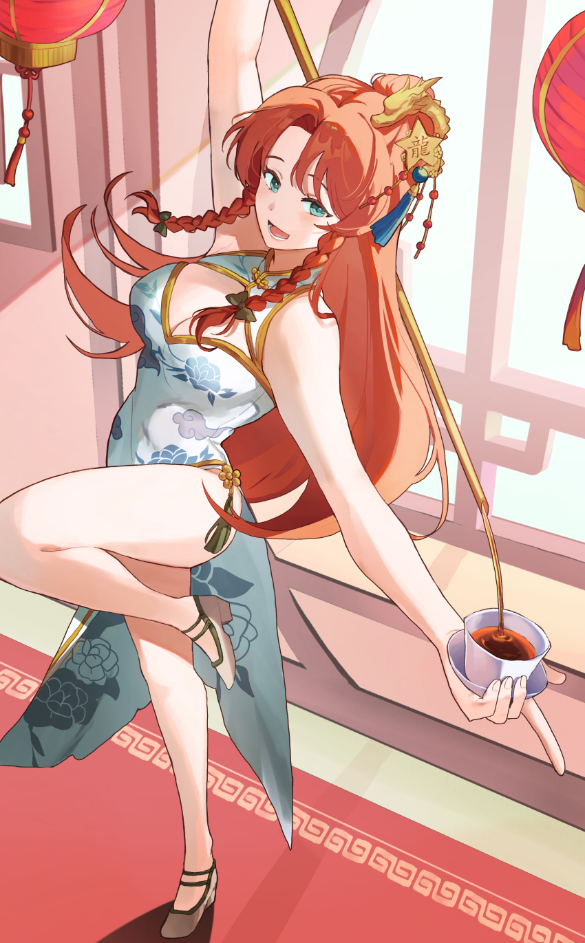 1girl :d absurdres bare_shoulders braid carpet china_dress chinese_clothes cleavage_cutout clothing_cutout commentary cup decantering dragon_hair_ornament dress green_eyes hair_ornament highres holding holding_cup holding_kettle hong_meiling hong_meiling_(white_rainbow_gatekeeper) kettle knee_up lantern long_hair looking_at_viewer official_alternate_costume open_mouth paper_lantern parted_bangs pouring sarukana saucer sleeveless sleeveless_dress smile solo standing standing_on_one_leg star_(symbol) star_hair_ornament symbol-only_commentary tassel tassel_hair_ornament tea teacup touhou twin_braids very_long_hair white_dress