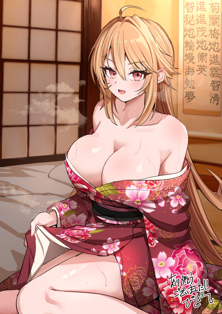 1girl absurdres angelica_rapha_redgrave bare_shoulders breasts cleavage clothes_lift floral_print floral_print_kimono hair_between_eyes highres japanese_clothes kimono kimono_lift lifting_own_clothes looking_at_viewer open_mouth otome_game_sekai_wa_mob_ni_kibishii_sekai_desu pizzasi print_kimono red_eyes red_kimono sitting sweat thighs