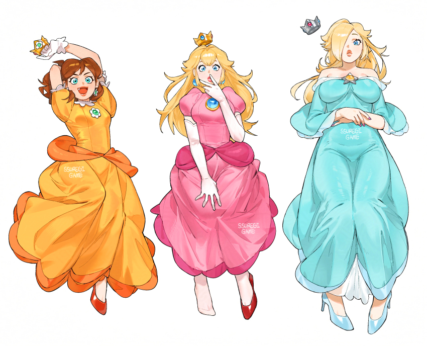 3girls absurdres aqua_dress bare_shoulders blonde_hair blue_eyes breasts brooch brown_hair crown dress earrings elbow_gloves flower_brooch flower_earrings gloves hair_over_one_eye highres jewelry long_dress long_hair long_sleeves looking_at_viewer mario_(series) mini_crown multiple_girls nintendo off-shoulder_dress off_shoulder open_mouth orange_dress pink_dress princess_daisy princess_peach puffy_sleeves rosalina simple_background sphere_earrings ssuregigame star_(symbol) star_brooch star_earrings white_gloves