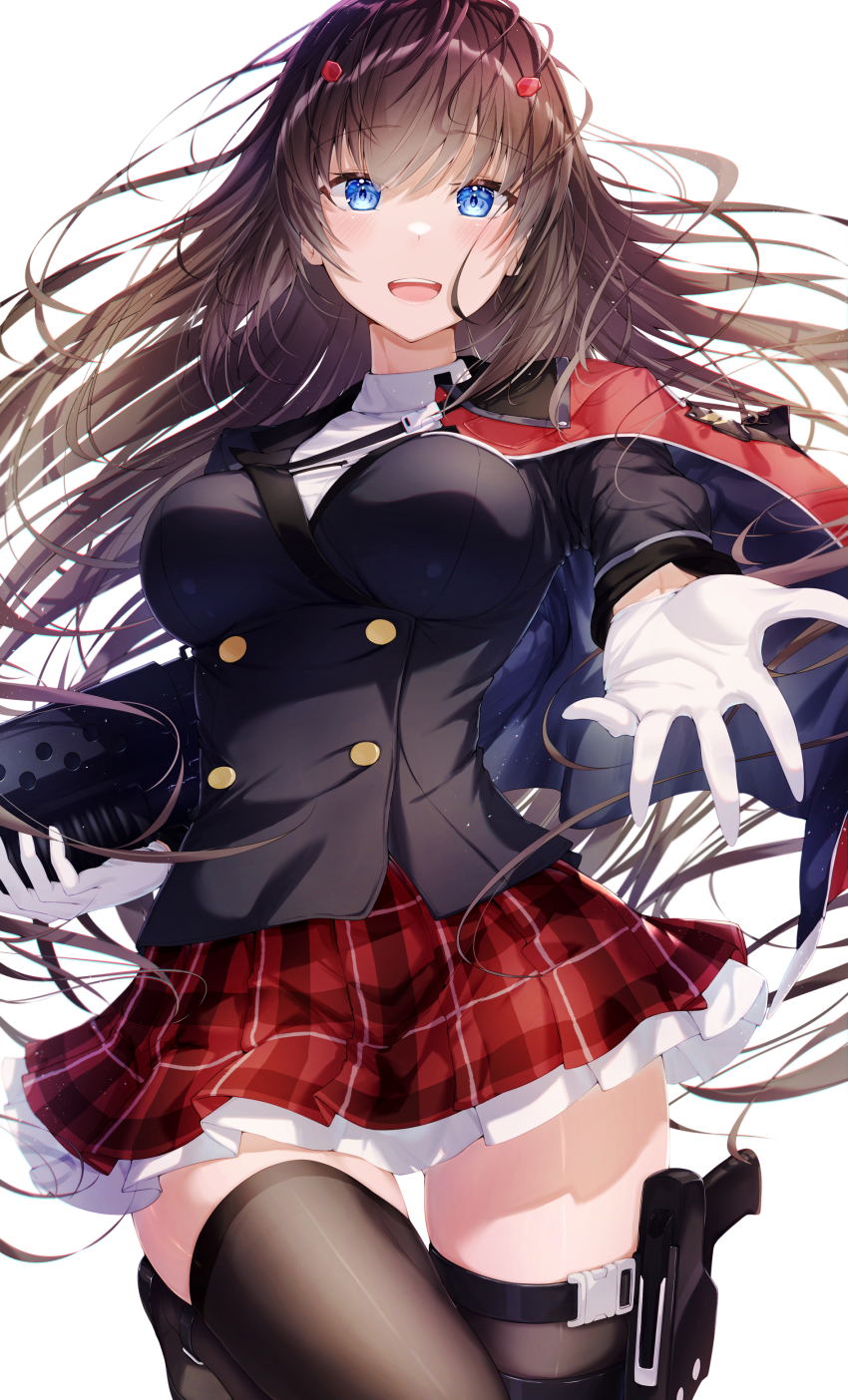 1girl absurdres black_jacket black_thighhighs breasts brown_hair commentary_request counter:side gloves gun hair_between_eyes hair_ornament handgun highres holding holding_gun holding_weapon holster holstered jacket large_breasts long_hair looking_at_viewer meen_(ouaughikepdvrsf) open_mouth plaid_clothes plaid_skirt pleated_skirt reaching reaching_towards_viewer red_skirt seo_yoon simple_background skirt solo thigh_holster thigh_strap thighhighs thighs weapon white_background white_gloves