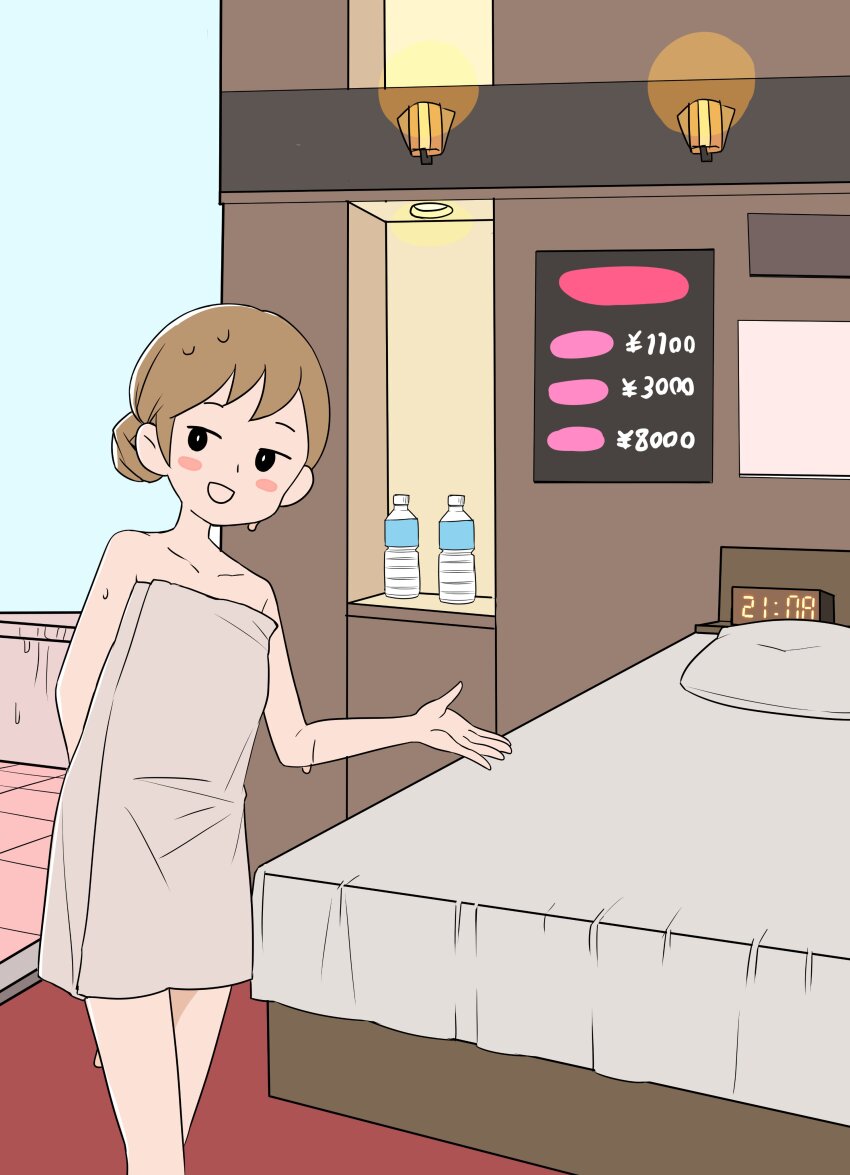 1girl absurdres arm_behind_back bed black_eyes blush_stickers bottle bright_pupils brown_hair clock collarbone digital_clock hair_bun highres indoors light_fixture naked_towel original pillow price short_hair smile solo standing sweat tatuhiro tile_floor tiles towel water_bottle