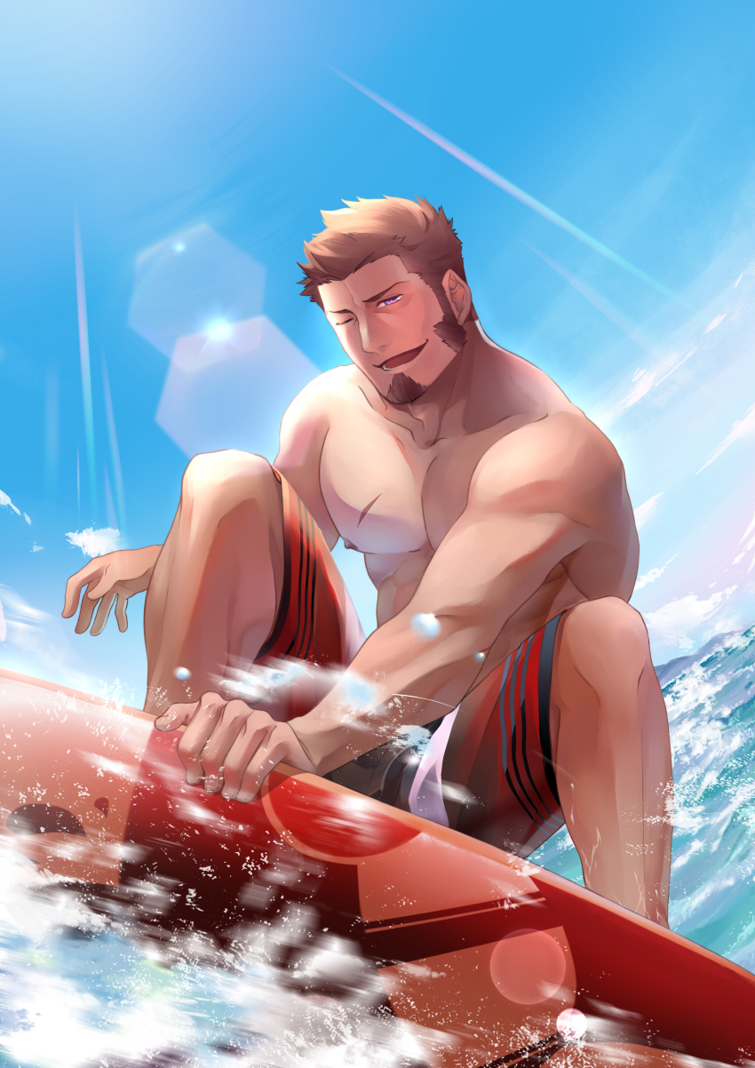 1boy abs absurdres alternate_costume bara blue_eyes brown_hair facial_hair fate/grand_order fate_(series) goatee highres icelernd large_pectorals long_sideburns male_focus male_swimwear motion_blur muscular napoleon_bonaparte_(fate) pectorals red_male_swimwear red_swim_trunks scar sideburns smile solo summer surfboard surfing swim_trunks swimsuit topless_male water