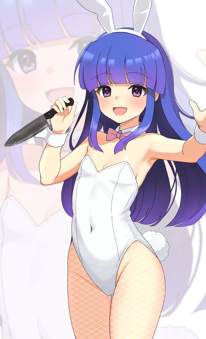 1girl 2024 :d alternate_costume animal_ears armpit_crease bare_shoulders blue_hair blunt_bangs blunt_ends blush breasts cleavage commentary_request covered_navel cowboy_shot dated_commentary detached_collar fake_animal_ears fake_tail fishnet_thighhighs fishnets furude_rika groin hands_up happy highleg highleg_leotard highres higurashi_no_naku_koro_ni hime_cut holding holding_knife knife leotard long_hair looking_at_viewer open_mouth playboy_bunny purple_eyes rabbit_ears rabbit_tail sidelocks small_breasts smile solo straight_hair strapless strapless_leotard tail thigh_gap thighhighs thighs white_leotard white_wrist_cuffs wrist_cuffs yuno_ff zoom_layer