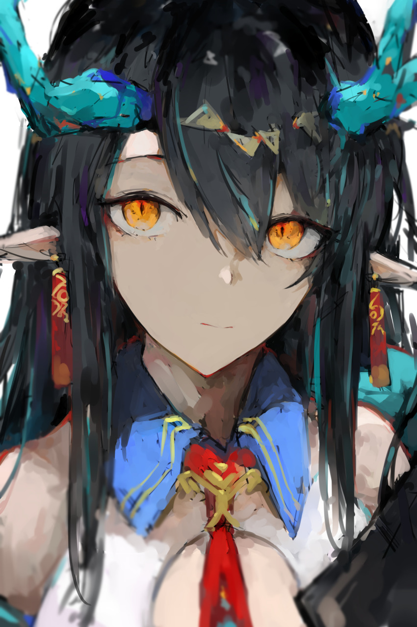 1girl arknights black_hair closed_mouth detached_collar dragon_girl dragon_horns dress dusk_(arknights) earrings faux_traditional_media floating_earring hair_between_eyes highres horns jewelry lch long_bangs long_hair looking_at_viewer necktie pointy_ears red_necktie sleeveless sleeveless_dress slit_pupils solo tassel tassel_earrings upper_body white_dress yellow_eyes