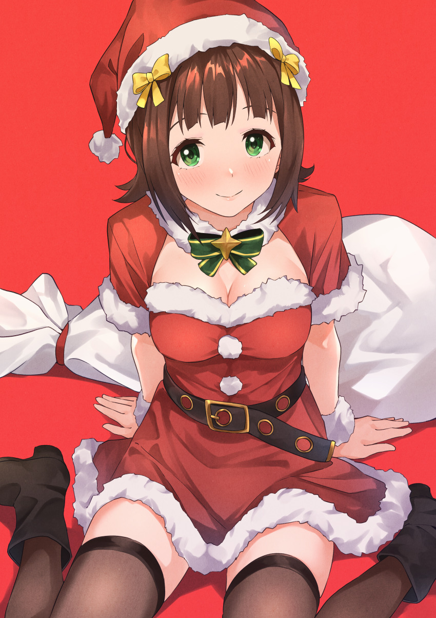 1girl absurdres amami_haruka b1ack_illust belt black_belt black_footwear breasts brown_hair brown_thighhighs christmas closed_mouth dress green_eyes hat highres idolmaster idolmaster_(classic) looking_at_viewer medium_breasts red_background red_dress red_hat santa_hat shoes short_hair short_sleeves simple_background sitting smile solo thighhighs thighs