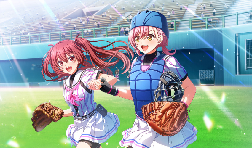 :d agatsuma_sora baseball_glove baseball_helmet baseball_stadium baseball_uniform belt belt_buckle belt_pouch bike_shorts_under_skirt black_belt black_gloves black_pouch black_shorts black_undershirt buckle catcher&#039;s_mask catcher_(baseball) chest_protector cinderella_series eye_contact fingerless_gloves game_cg gloves hachigatsu_no_cinderella_nine helmet highres light_particles light_rays long_hair looking_at_another low_twintails medium_hair multiple_girls neckerchief non-web_source official_art on_grass open_mouth outdoors pink_hair pink_neckerchief pleated_skirt pouch red_eyes red_hair sakurada_chiyo shirt shirt_under_shirt short_sleeves shorts skirt smile sportswear striped_belt striped_clothes striped_shirt sunbeam sunlight teeth twintails upper_teeth_only v-shaped_eyebrows vertical-striped_clothes vertical-striped_shirt walking wristband yellow_eyes