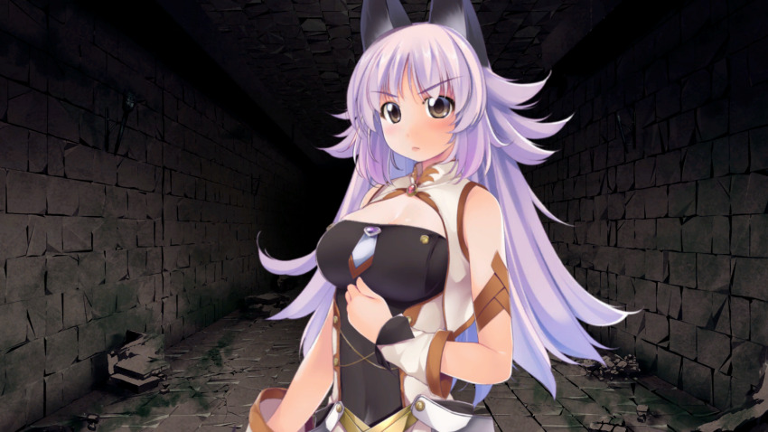 1girl animal_ears atelier-moo bare_shoulders blush breasts closed_mouth detached_sleeves dungeon grey_eyes highres large_breasts lips long_hair long_sideburns mana_(our_battle_has_just_begun!) narrow_waist our_battle_has_just_begun! purple_hair sideburns sleeveless solo upper_body v-shaped_eyebrows very_long_hair wolf_ears wolf_girl