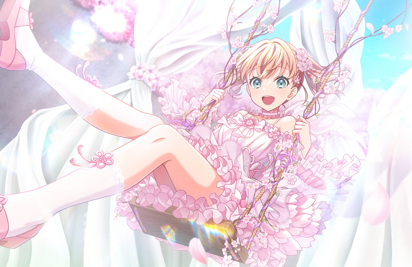 1girl :d aqua_eyes blue_sky choker crossed_bangs dress floating_hair flower_knot flower_swing frilled_choker frilled_dress frills game_cg hair_ornament high_heel_sandals high_heels highres hinoshita_kaho holding holding_rope lace-trimmed_socks link!_like!_love_live! lone_nape_hair long_sleeves looking_at_viewer love_live! medium_hair off-shoulder_dress off_shoulder official_alternate_costume official_alternate_hairstyle official_art open_mouth orange_hair outdoors pink_choker pink_dress pink_footwear rabbit_hair_ornament rope sandals shunpuu_buranko_(love_live!) sitting sky smile socks solo swing swinging teeth third-party_source twintails two_side_up upper_teeth_only virtual_youtuber white_socks