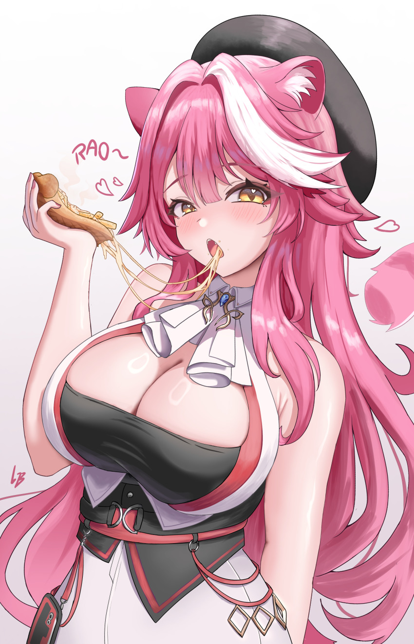 1girl absurdres animal_ear_fluff animal_ears arm_behind_back armpit_crease ascot beret black_hat black_tube_top blush breasts cheese_trail cleavage commentary english_commentary fingernails food french_fries hair_between_eyes hand_up hat heart highres holding holding_food hololive hololive_english large_breasts long_fingernails long_hair loob looking_at_viewer multicolored_hair nail_polish open_mouth panther_ears panther_girl panther_tail pink_hair pink_nails pizza pizza_slice raora_panthera simple_background solo strapless streaked_hair tail tail_raised tongue tube_top upper_body variant_set very_long_hair vest virtual_youtuber white_ascot white_background white_hair white_vest yellow_eyes