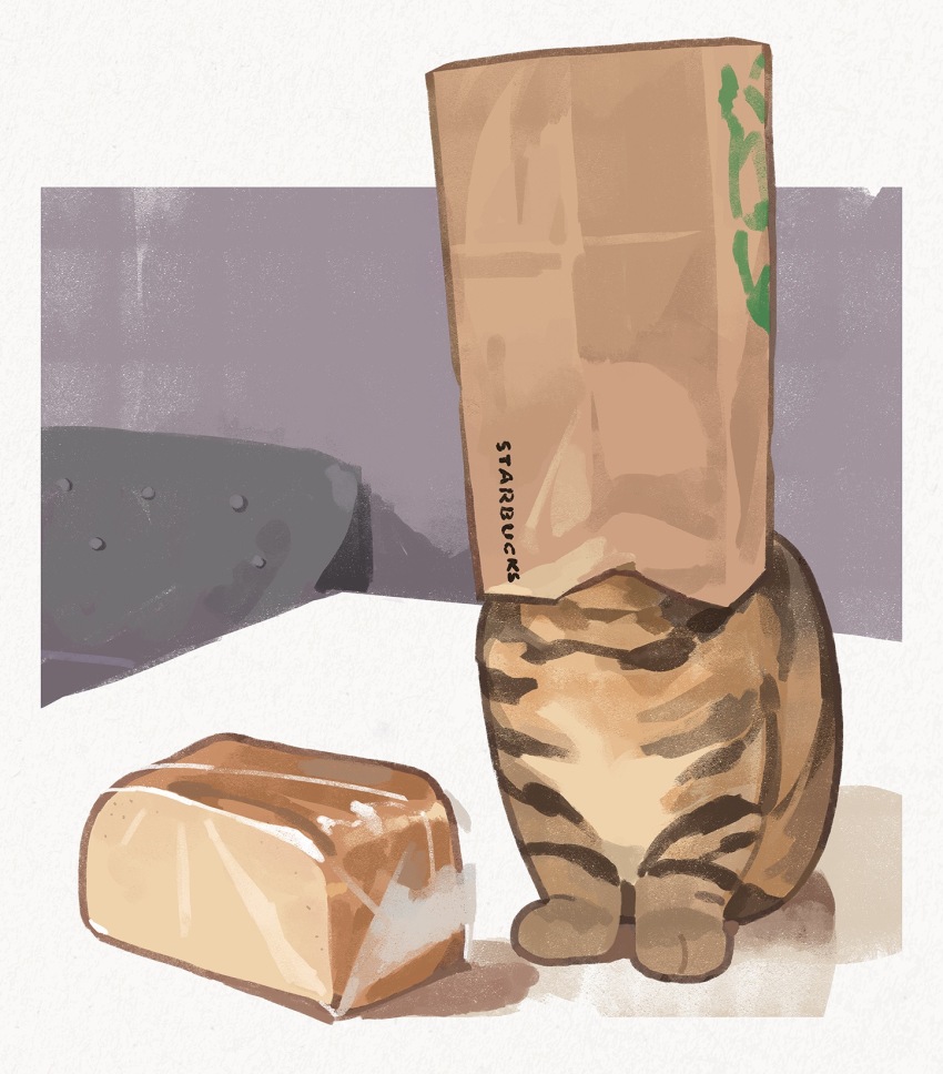 animal animal_focus bag bag_over_head border bread brown_cat cat chair copyright_name derivative_work food gentlecat highres indoors no_humans original paper_bag photo-referenced sitting starbucks tabby_cat white_border