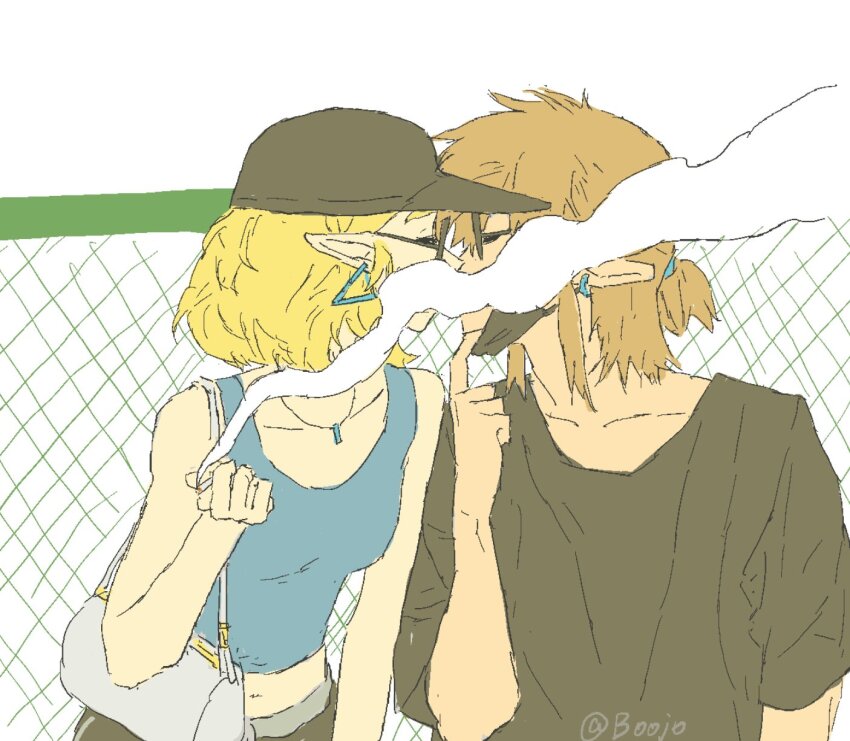 1boy 1girl artist_name bag bo_oj0916 chain-link_fence cigarette earrings fence handbag highres implied_kiss jewelry link mask midriff navel nintendo princess_zelda short_hair smoke sunglasses the_legend_of_zelda the_legend_of_zelda:_tears_of_the_kingdom