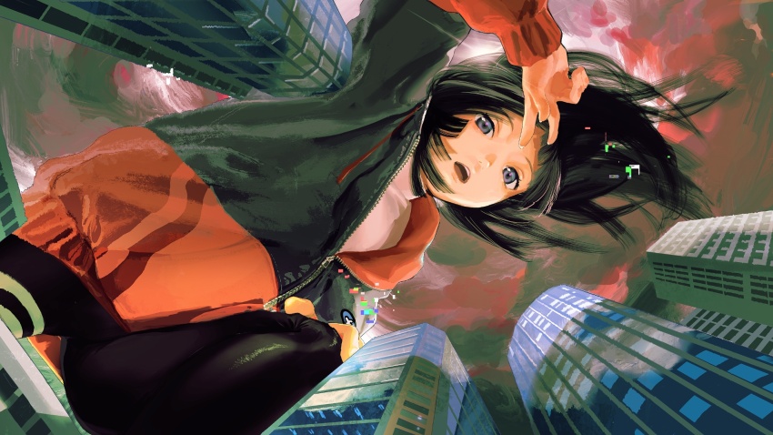 1girl be_be_be_be_(cevio) black_eyes black_hair black_jacket black_leggings building cloud cloudy_sky commentary_request dawny_(kaiko_870) diffraction_spikes floating_hair from_below giant giantess hand_on_own_knee hand_up highres jacket leggings long_hair long_sleeves looking_at_viewer looking_down multicolored_clothes multicolored_jacket nijisanji open_mouth partially_unzipped red_jacket red_sky revision shirt sky skyscraper solo squatting sun tsukino_mito tsukino_mito_(19th_costume) turtleneck turtleneck_shirt two-tone_jacket v virtual_youtuber white_shirt