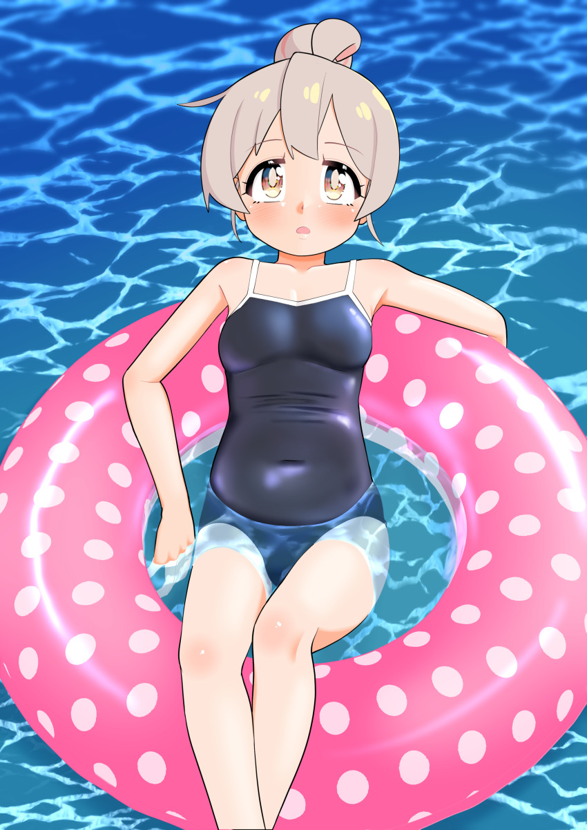 1girl absurdres bare_arms bare_shoulders black_one-piece_swimsuit blush breasts brown_eyes collarbone commentary_request covered_navel day feet_out_of_frame grey_hair hair_bun happyundergate highres innertube lips one-piece_swimsuit onii-chan_wa_oshimai! open_mouth oyama_mahiro school_swimsuit single_hair_bun small_breasts solo swim_ring swimsuit water