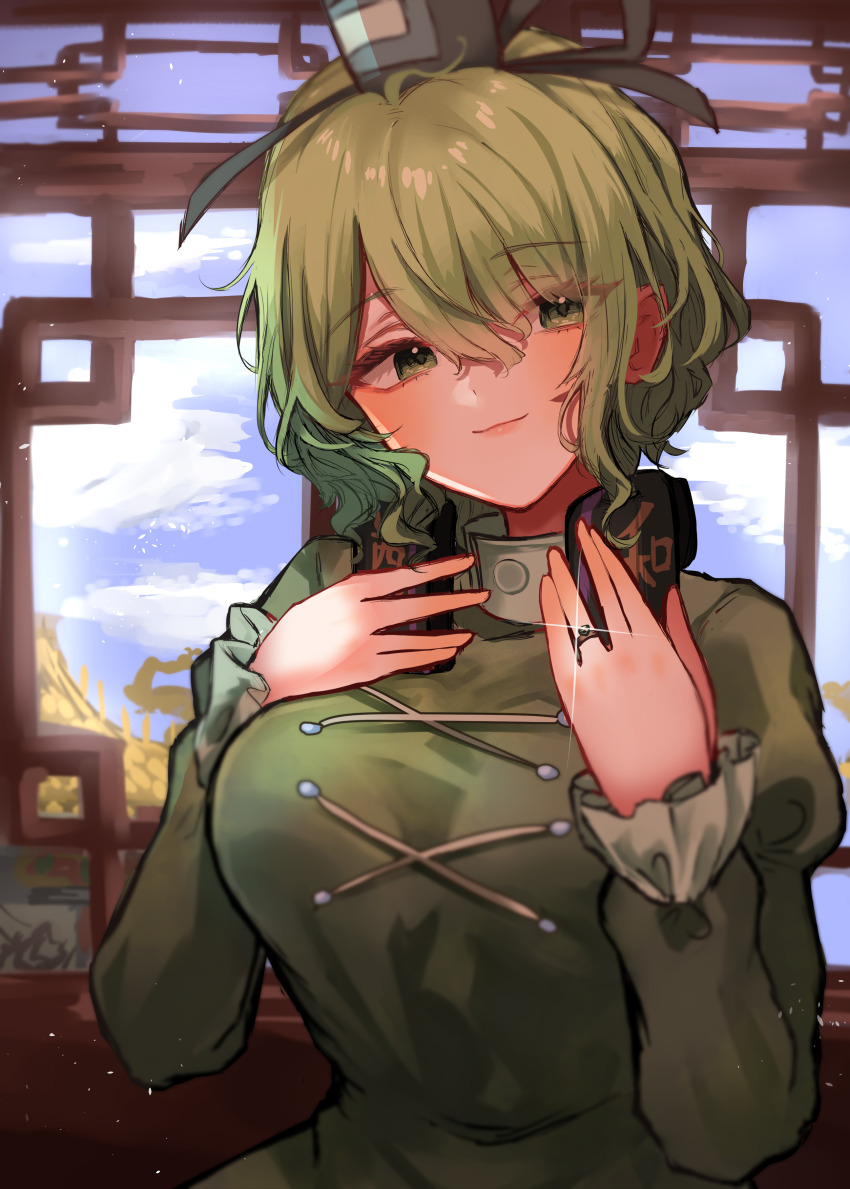 1girl absurdres blue_sky blush breasts cloud commentary_request dress earmuffs eyelashes frilled_sleeves frills green_dress green_eyes green_hair hair_between_eyes hat highres japanese_clothes jewelry juliet_sleeves large_breasts light_particles long_sleeves puffy_sleeves ring short_hair sky smile soga_no_tojiko solo sparkle takana_(forsterite) tate_eboshi touhou upper_body window