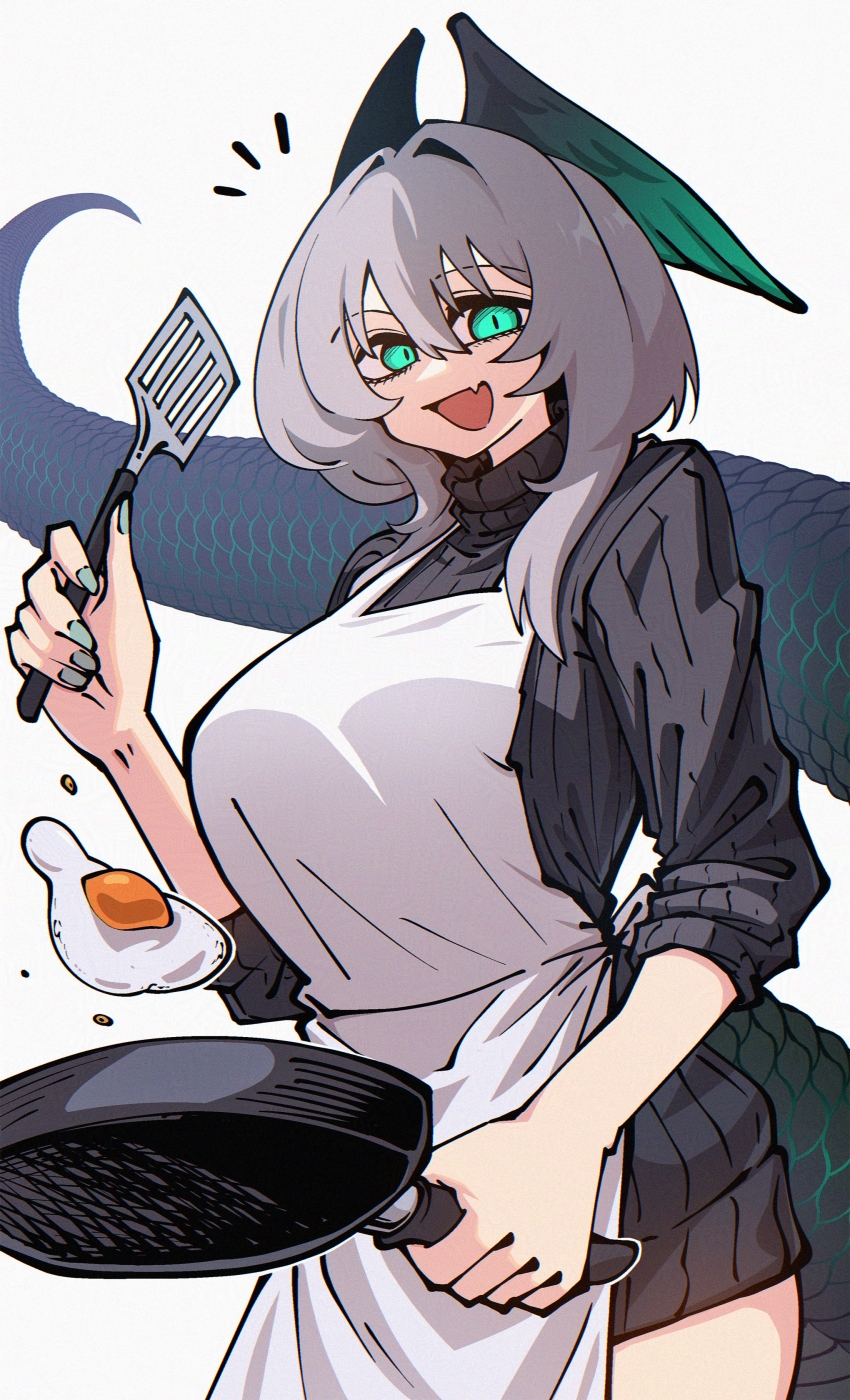 1girl absurdres alternate_costume apron aqua_eyes aqua_nails aqua_wings arknights black_sweater breasts cowboy_shot dryegen fang fried_egg frying_pan grey_hair hair_between_eyes head_wings highres ho&#039;olheyak_(arknights) holding holding_frying_pan holding_spatula looking_at_viewer medium_hair open_mouth ribbed_sweater simple_background skin_fang sleeves_pushed_up smile snake_tail solo spatula sweater tail turtleneck turtleneck_sweater white_apron white_background wings