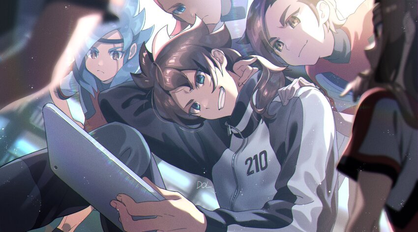 5boys arm_behind_head black_headband blue_eyes blue_hair brown_eyes brown_hair dolustoy fudou_akio headband highres inazuma_eleven_(series) inazuma_eleven_go inazuma_eleven_go_galaxy jacket kurosaki_makoto long_hair male_focus minamisawa_atsushi multicolored_eyes multiple_boys namikawa_rensuke pink_hair purple_hair red_shirt resistance_japan scar scar_across_eye scar_on_face senguuji_yamato shirt soccer_uniform sportswear tablet_pc track_jacket yellow_eyes