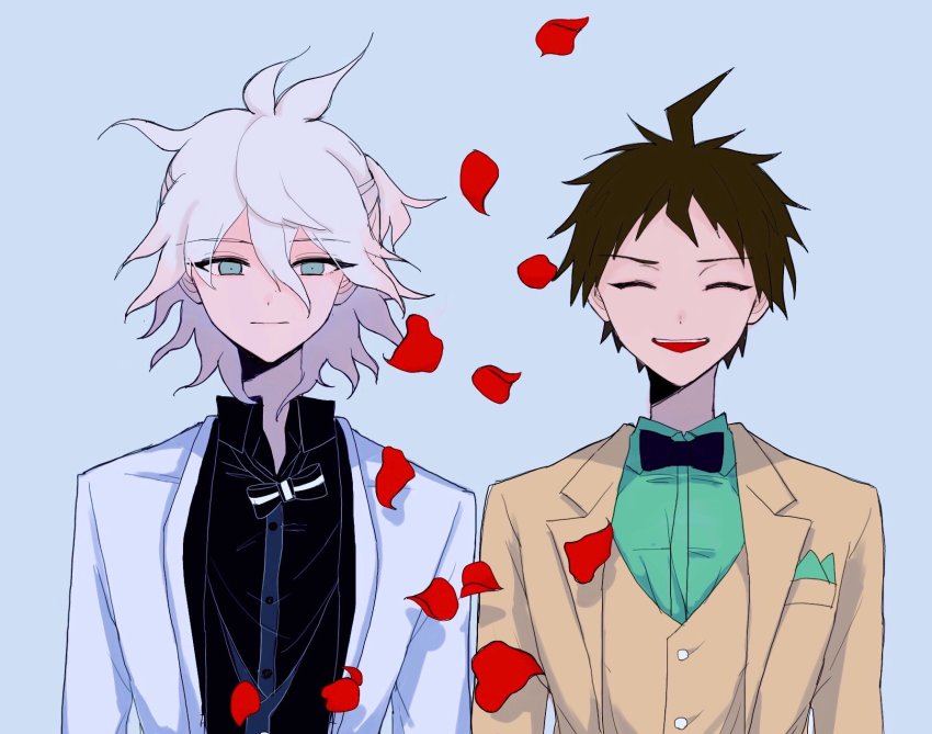 2boys ahoge black_neckwear black_shirt blue_background bow bowtie brown_jacket brown_vest collared_shirt d_i0y danganronpa_(series) danganronpa_2:_goodbye_despair dress_shirt facing_viewer green_shirt grey_eyes grey_hair highres hinata_hajime jacket komaeda_nagito looking_at_viewer male_focus messy_hair multiple_boys official_alternate_costume open_clothes open_jacket open_mouth petals shirt short_hair simple_background smile striped_bow striped_bowtie striped_clothes two-tone_bow vest white_hair white_jacket white_neckwear