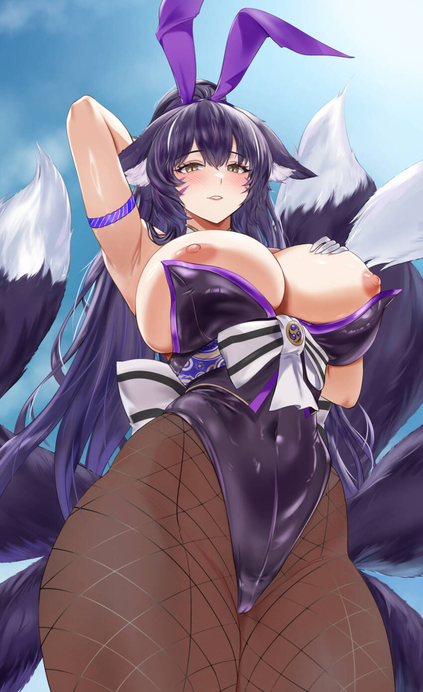 1girl absurdres animal_ears arms_behind_head azur_lane beatheart blue_sky brown_pantyhose covered_navel cowboy_shot day facial_mark fake_animal_ears fishnet_pantyhose fishnets fox_ears fox_girl from_below gloves hand_on_own_chest highleg highleg_leotard highres kitsune kyuubi leotard long_hair looking_at_viewer looking_down multiple_tails musashi_(azur_lane) musashi_(the_purple_rabbit&#039;s_marksmanship)_(azur_lane) nipples official_alternate_costume outdoors pantyhose playboy_bunny purple_hair purple_leotard purple_tail purple_trim rabbit_ears sky strapless strapless_leotard tail very_long_hair whisker_markings white_gloves yellow_eyes