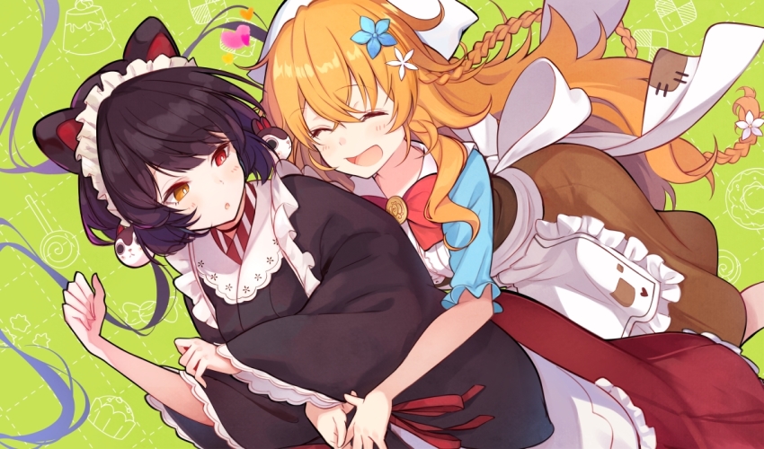 2girls animal_ears apron black_kimono blush bow bowtie braid brat_(brabrabrat00) breasts brown_dress brown_hair commentary cowboy_shot dog_ears dress closed_eyes flower green_background hair_between_eyes hair_flower hair_ornament heart heterochromia hug hug_from_behind inui_toko japanese_clothes kimono large_bow long_hair looking_at_another looking_back maid_apron maid_headdress medium_breasts multiple_girls nijisanji open_mouth orange_eyes orange_hair otogibara_era red_eyes red_neckwear red_skirt simple_background skirt smile symbol-only_commentary virtual_youtuber white_bow wide_sleeves