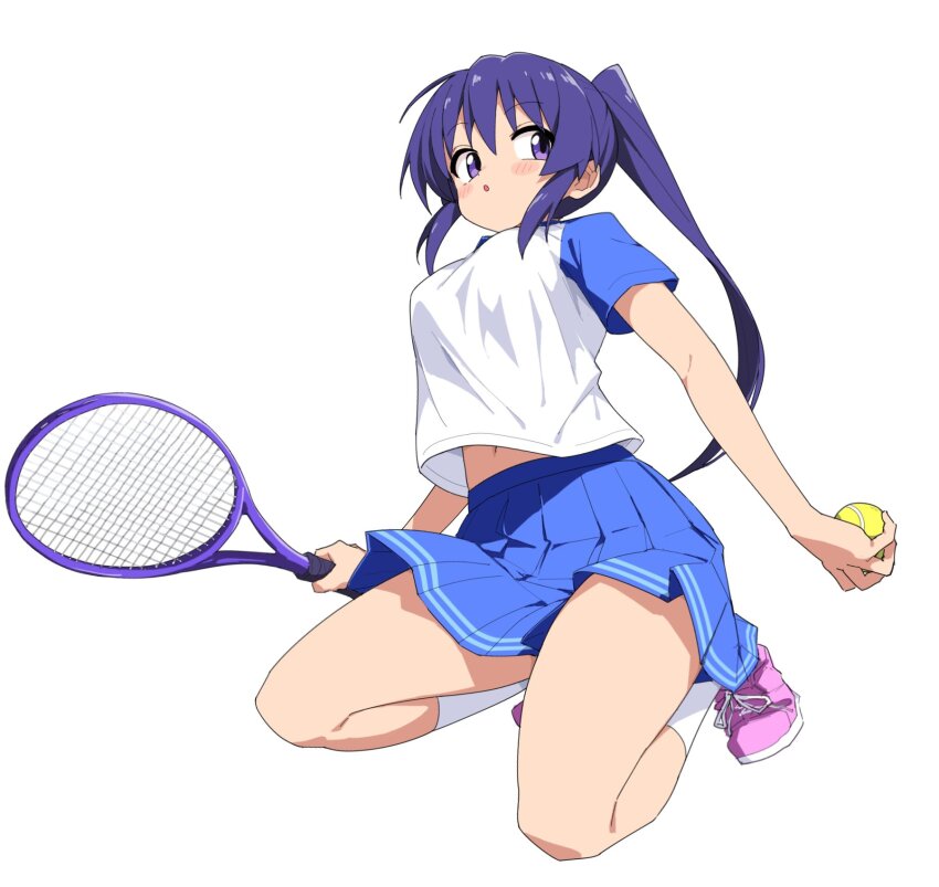 1girl ball breasts commentary highres holding holding_tennis_racket kneeling long_hair medium_breasts navel oshimoto_yuri parted_lips pink_footwear pleated_skirt ponytail purple_eyes purple_hair racket shirt shoes short_sleeves sidelocks simple_background skirt socks solo teekyuu tennis_ball tennis_racket white_background white_socks yachima_tana