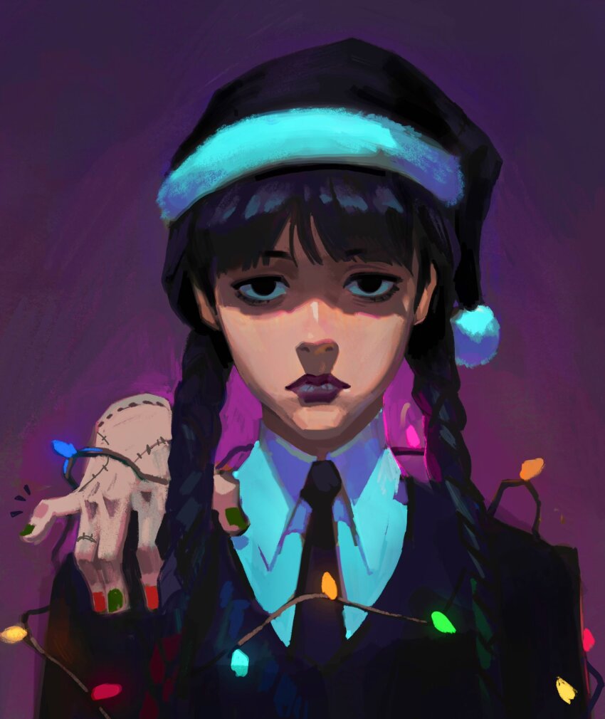 1girl addams_family black_eyes black_hair black_hat black_jacket black_necktie blunt_bangs braid christmas christmas_lights collared_shirt hat highres jacket julia_shii looking_at_viewer necktie nevermore_academy_school_uniform purple_background santa_hat school_uniform shirt solo straight-on thing_(addams_family) twin_braids wednesday_(netflix) wednesday_addams white_shirt