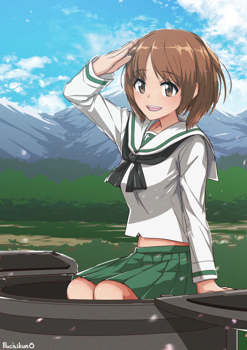 1girl artist_name black_neckerchief blouse blue_sky brown_eyes brown_hair cloud cloudy_sky commentary day girls_und_panzer green_skirt highres long_sleeves looking_at_viewer midriff_peek miniskirt mountainous_horizon neckerchief nishizumi_miho ooarai_school_uniform open_mouth outdoors pleated_skirt puchikun sailor_collar salute school_uniform serafuku shirt short_hair signature sitting skirt sky smile solo tank_cupola white_sailor_collar white_shirt