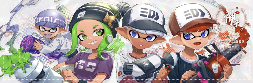 .96_gal_(splatoon) 1girl 3boys artist_name baseball_cap beanie black_hat black_shirt chinese_commentary commentary_request commission commissioner_name dark-skinned_male dark_skin green_eyes green_hair grey_eyes grin hat headband highres holding holding_weapon inkling inkling_boy inkling_player_character jinkoika layered_sleeves long_sleeves medium_hair mini_splatling_(splatoon) multiple_boys nautilus_(splatoon) nintendo octoling octoling_girl octoling_player_character orange_hair orange_hat parted_bangs pointy_ears pom_pom_(clothes) pom_pom_beanie purple_eyes purple_hair purple_headband purple_shirt red_sleeves shirt short_hair short_over_long_sleeves short_sleeves smile splatoon_(series) splatoon_2 splattershot_(splatoon) sweatband sweater t-shirt tentacle_hair upper_body weapon white_hair white_shirt white_sweater wristband