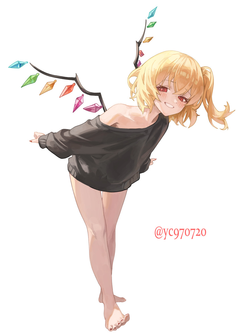 1girl absurdres barefoot blonde_hair blush bottomless bow commentary crystal crystal_wings flandre_scarlet full_body grin highres leaning_forward long_sleeves looking_at_viewer multicolored_wings nail_polish naked_shirt off_shoulder one_side_up red_eyes red_nails ribbon shirt side_ponytail smile solo standing syc2159 teeth touhou twitter_username white_background wings