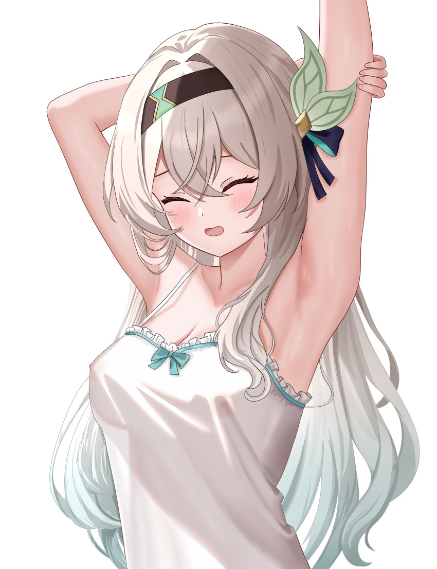 1girl absurdres alternate_costume andrl armpits arms_up black_hairband breasts camisole cleavage closed_eyes commentary covered_erect_nipples english_commentary facing_viewer firefly_(honkai:_star_rail) gradient_hair green_hair grey_hair hair_between_eyes hair_intakes hair_ornament hairband hand_on_own_elbow highres honkai:_star_rail honkai_(series) large_breasts long_hair multicolored_hair open_mouth simple_background solo stretching upper_body white_background white_camisole yawning