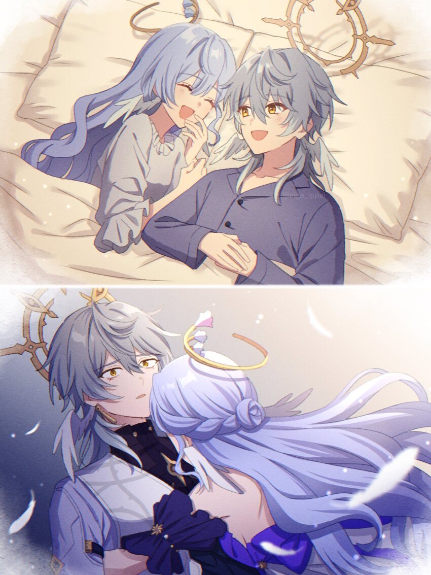 1boy 1girl ^_^ aiga_ippai bare_back bed_sheet blue_hair blue_pajamas brother_and_sister closed_eyes feathers grey_hair hair_between_eyes halo halo_behind_head head_wings highres honkai:_star_rail honkai_(series) hug long_hair lying on_back on_bed pajamas robin_(honkai:_star_rail) short_hair siblings smile sunday_(honkai:_star_rail) upper_body white_feathers white_wings wings yellow_eyes